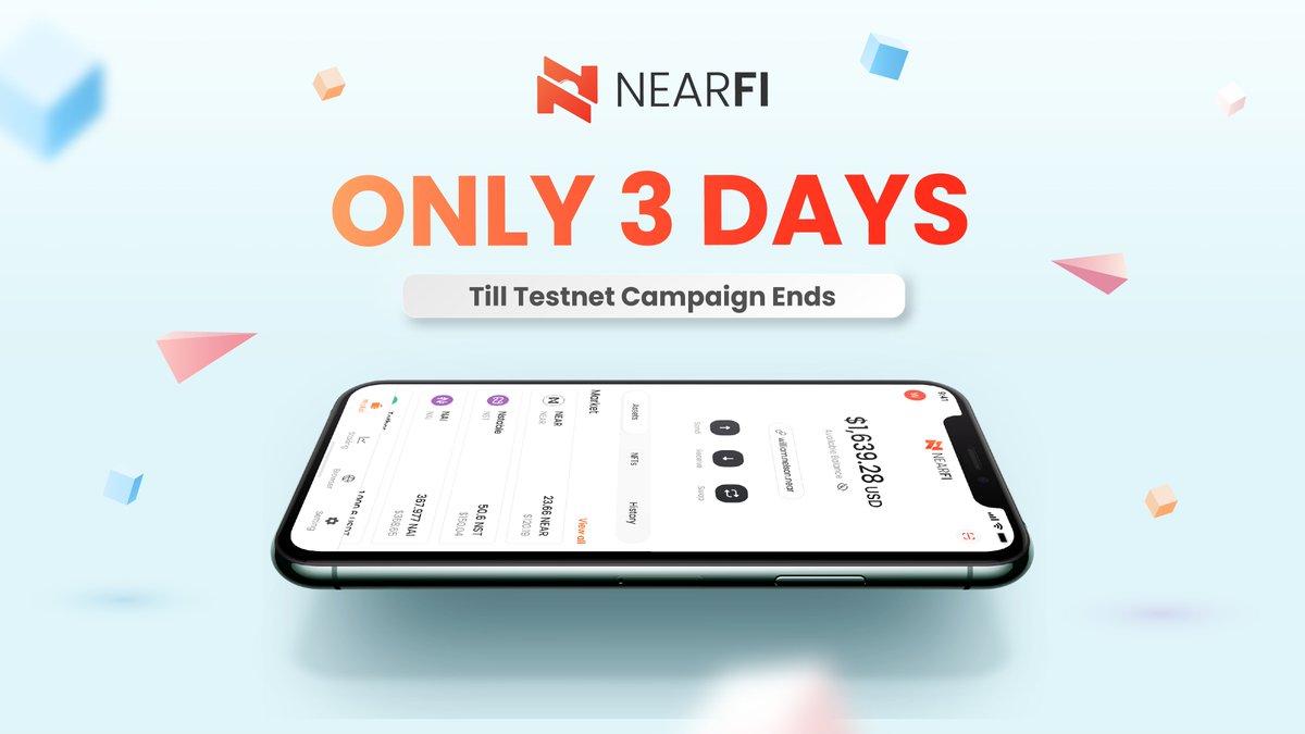 NearFi_Wallet's tweet photo. ⏳ Only 3 Days Till Testnet Campaign Ends ⏳
🔥In just 12 days we had more than 100 participants on NearFi Wallet’s testnet.
🚀Continue to join our Testnet to earn 50 NEAR now 👇:
https://t.co/qDSZtFLpJe
#NearfiWallet #NEAR #NearOnYourHand #Testnet https://t.co/np4wqADQI0