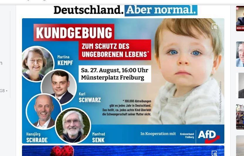 CRechte's tweet photo. Am 27. August 2022 will die AfD in #Freiburg eine „Kundgebung zum Schutz des ungeborenen Lebens“ veranstalten. Angekündigte RednerInnen sind Martina Kempf (AfD, Lebensschützerin), Karl Schwarz (AfD), Hansjörg Schrade (AfD) und Manfred Senk (AfD). 
#NoAfD https://t.co/Dp4Gsgc8ft