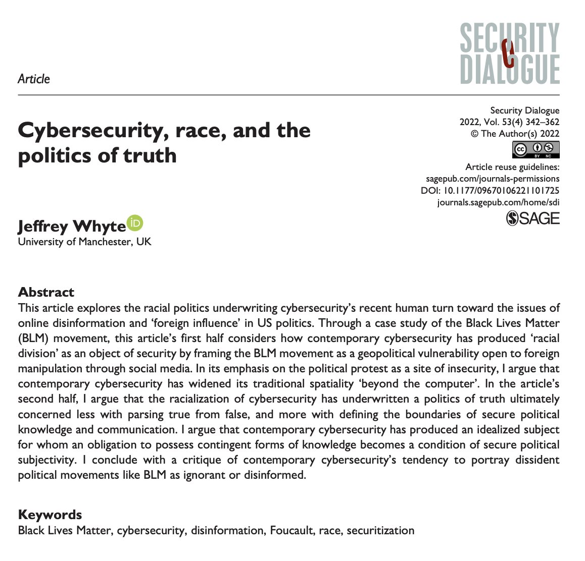Jeff Whyte (jeffwhyte@bsky.social) (@jeffreywhyte_) on Twitter photo I’m delighted that my new <a href="/SecDialogue/">Security Dialogue</a> article ‘Cybersecurity, Race, and the Politics of Truth’ is now out in Open Access!
Thanks to the Security Dialogue team and reviewers for all their work. Thread below:
journals.sagepub.com/doi/full/10.11… I’m delighted that my new <a href="/SecDialogue/">Security Dialogue</a> article ‘Cybersecurity, Race, and the Politics of Truth’ is now out in Open Access!
Thanks to the Security Dialogue team and reviewers for all their work. Thread below:
journals.sagepub.com/doi/full/10.11…