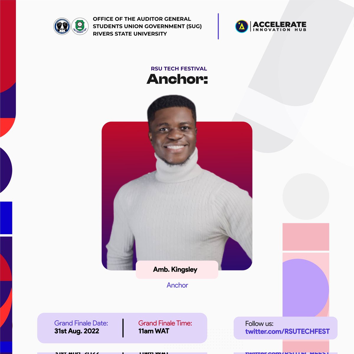 RsuTechFest's tweet photo. Anchor and Moderator: amb Kingsley at the grand finale, happening on the 31st of August at the University Amphitheatre.

#techfest #rsutechfest #campusfest #ACCELERATE https://t.co/W4oItkqOHa