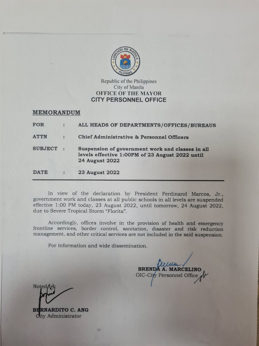 ManilaPIO's tweet photo. WALANG PASOK: Classes in ALL LEVELS for public schools and work in GOVERNMENT OFFICES are suspended in the City of Manila from from August 23-24, 2022 per the Office of the Press Secretary.

For your information.

#AlertoManileno #WalangPasok https://t.co/12sjLfP9lE
