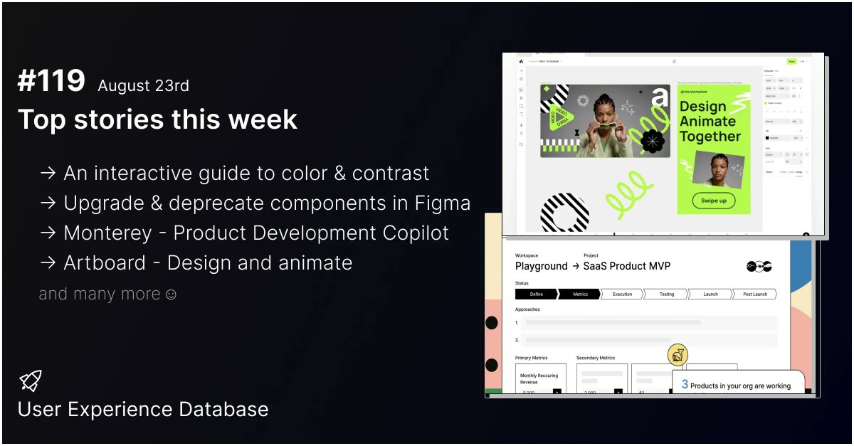 UX Database (@uxdatabase) on Twitter photo #119 Issue released ๐ป
This week top stories
โ An interactive guide to color & contrast <a href="/NateBaldwinArt/">Nate Baldwin</a>
โ Upgrade & deprecate components <a href="/lukanikcevic/">Luka Nikcevic</a>
โ Monterey Product Development Copilot <a href="/montereyai/">Monterey AI</a>
โ Artboard Design and animate <a href="/artboard_studio/">Artboard Studio</a>
buff.ly/3pFE6nP #119 Issue released ๐ป
This week top stories
โ An interactive guide to color & contrast <a href="/NateBaldwinArt/">Nate Baldwin</a>
โ Upgrade & deprecate components <a href="/lukanikcevic/">Luka Nikcevic</a>
โ Monterey Product Development Copilot <a href="/montereyai/">Monterey AI</a>
โ Artboard Design and animate <a href="/artboard_studio/">Artboard Studio</a>
buff.ly/3pFE6nP