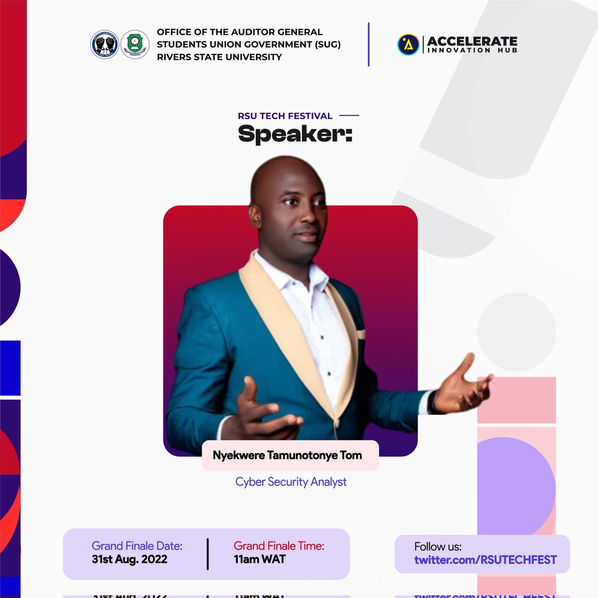 RsuTechFest's tweet photo. We are also having Mr Nyekwere Tamunotonye Tom, a Cyber Security Analyst at the Grand Finale of #RSUTECHFEST.

#techfest #rsutechfest #CAMPUSFEST https://t.co/kpzXiHukbQ