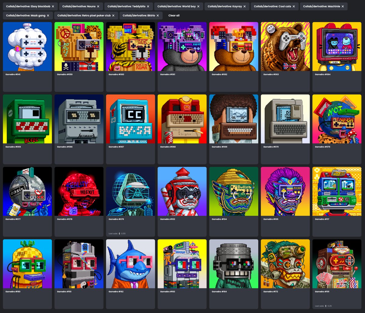 28 Derivative GAMEBROS
from 10 NFT projects
opensea.io/collection/gam…
🙏
<a href="/bktr_io/">bktrio.eth 👨‍🔬</a> / <a href="/TeddybitsC/">teddybits.care</a> / @coolcatsnft 
<a href="/eboyblockbob/">blockbob</a> / WorldBoy's <a href="/triPUCK/">PUCK</a> 
KayRay's <a href="/tonrer/">TONRER</a> / <a href="/machinie_nft/">Machinie</a> 
<a href="/nounsdao/">Nouns.eth</a> / <a href="/Mazkgang/">𝐌𝐀𝐙𝐊 𝐆𝐀𝐍𝐆 👹</a> / <a href="/RetroPixelPoker/">Retro Pixel Poker Club NFT</a> 
🙏
will have more this week!
stay tuned.