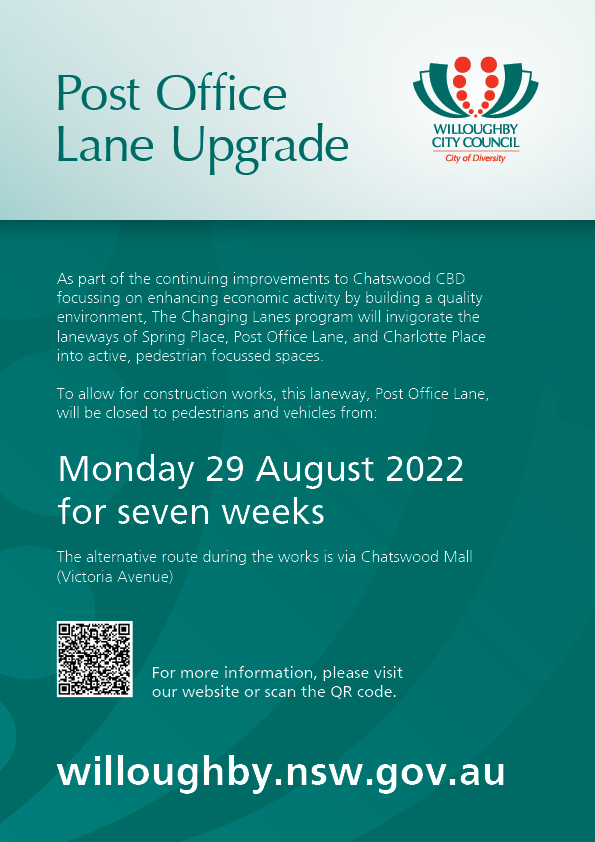 Do you shortcut through Post Office Lane near Chatswood Interchange?
Good news, it's due for an upgrade!
Unfortunately, it means that we'll be closing this handy shortcut for seven weeks starting next Monday 29 August.
We're sorry for any inconvenience.
bit.ly/3pBoDoP