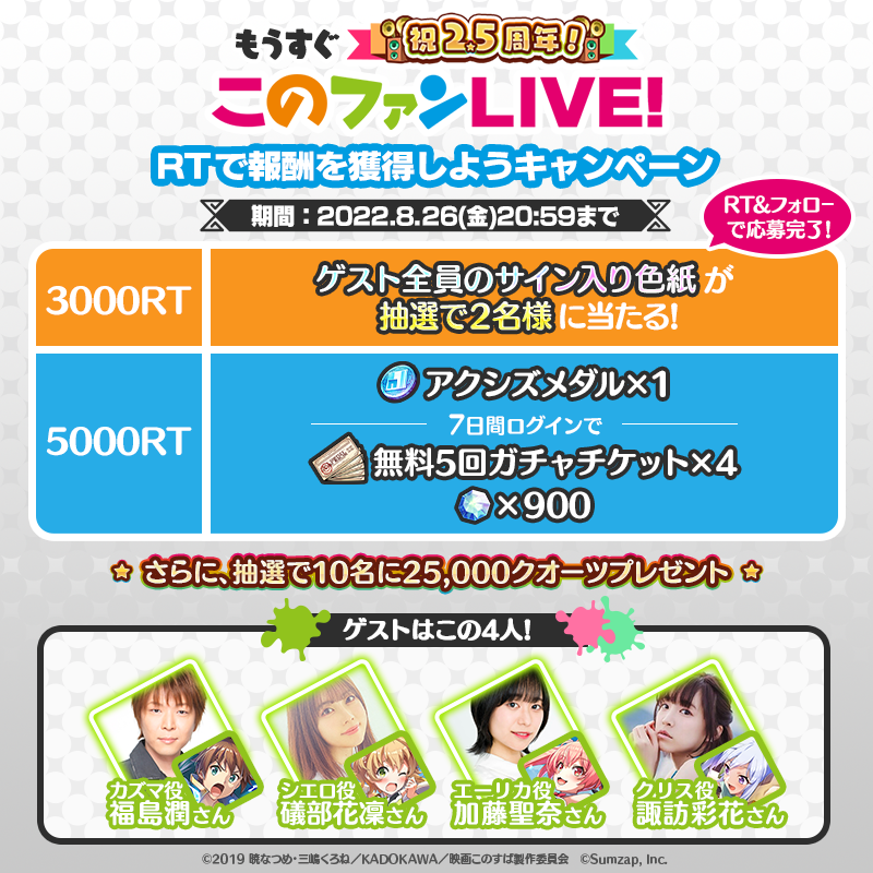 konosubafd's tweet photo. もうすぐ祝2.5周年！🥳
『#このファンLIVE！#28』

本ツイート3,000RT達成で
#福島潤 さん #礒部花凜 さん #加藤聖奈 さん #諏訪彩花 さん
全員のサイン入り色紙を2名様に🎁

更に5,000RT達成で
【アクシズメダル】と7日間ログインボーナス🎁

そして抽選で10名様に25,000クオーツが❣
8/26(金)20:59〆