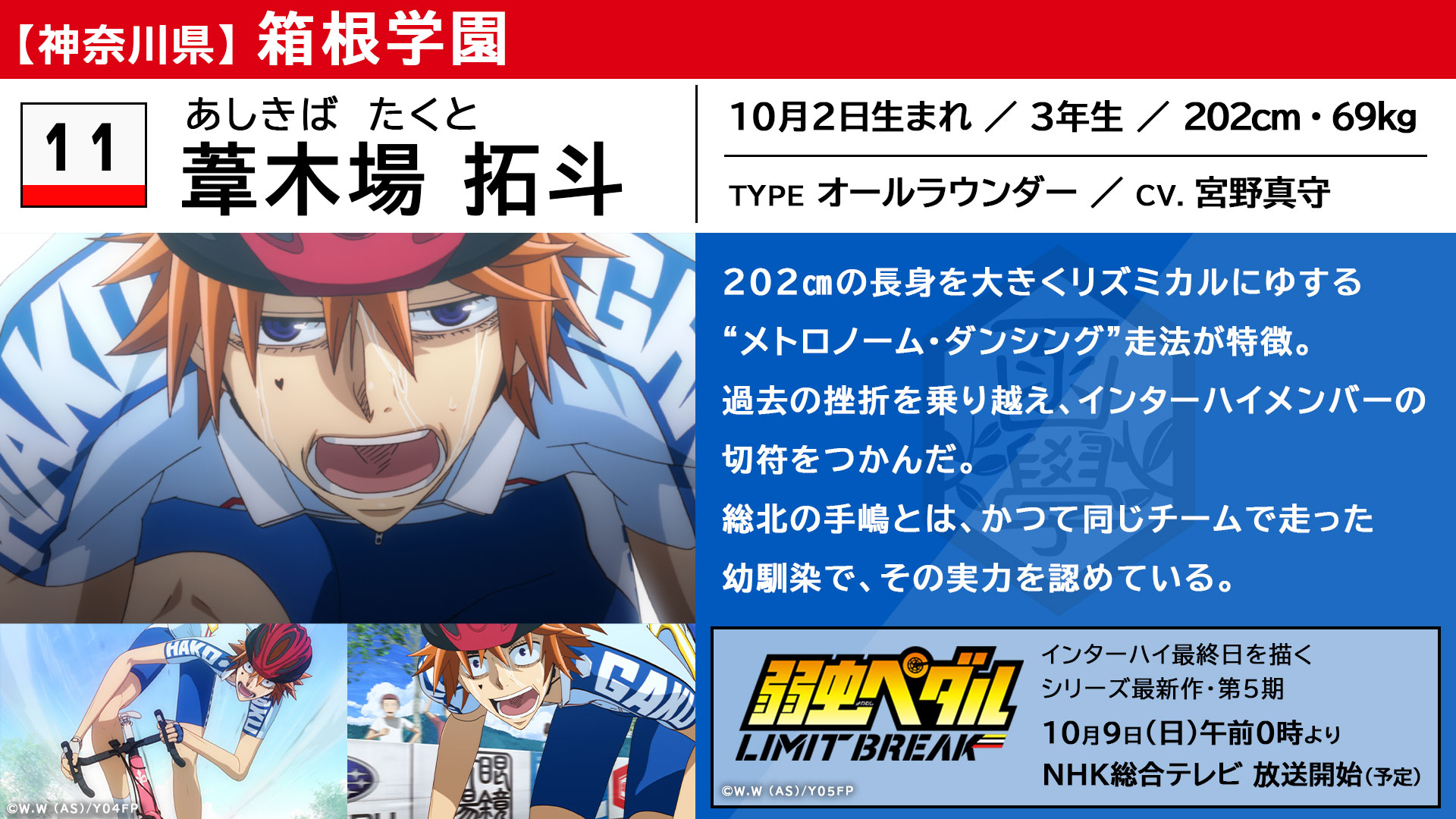 弱虫ペダル Limit Break インターハイ注目選手紹介 葦木場拓斗 Cv 宮野真守 箱根学園3年生 長身を大きくリズミカルにゆする メトロノーム ダンシング 走法が特徴 弱虫ペダル Limit Break 10月9日 日 午前0時より Nhk総合テレビにて放送