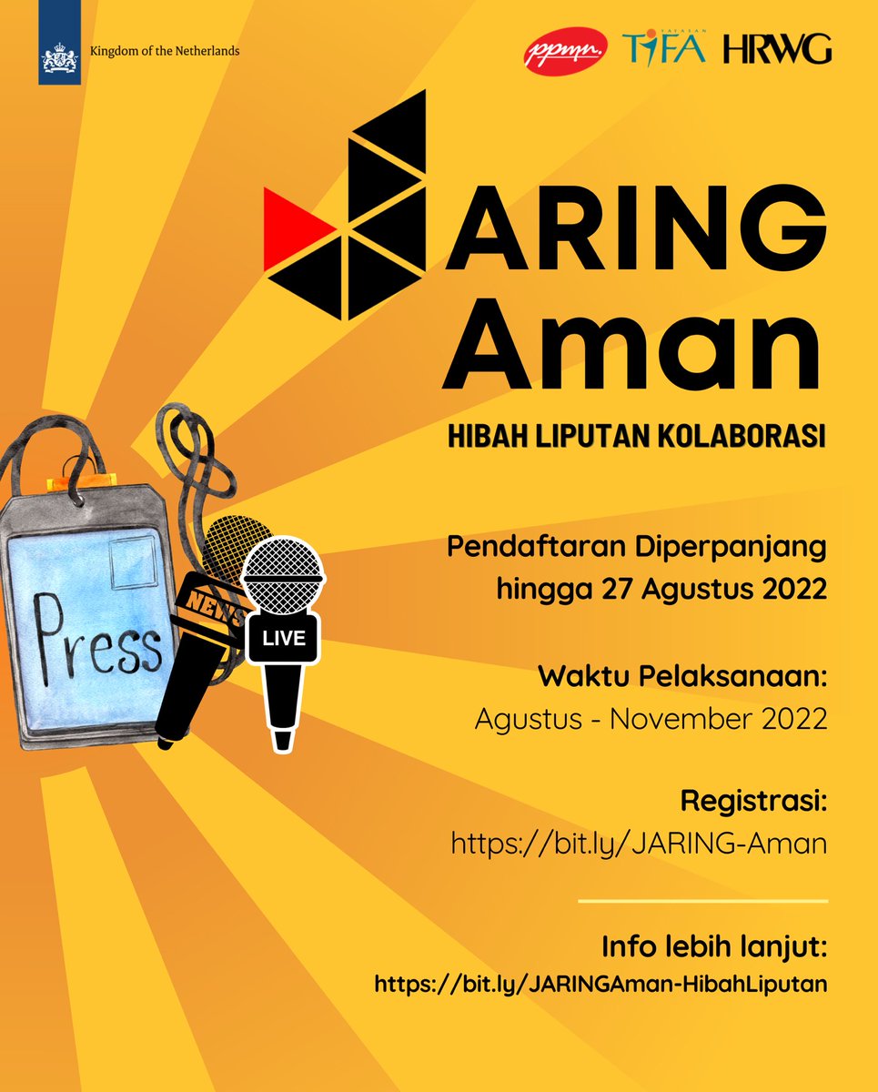 Halo teman-teman, pendaftaran ‘JARING AMAN: Hibah Liputan Kolaborasi’ masih dibuka hingga 27 Agustus 2022, loh! Masih ada waktu untuk pengumpulan proposal tentang kebebasan pers, serangan thdp jurnalis &amp; pers, upaya perlindungan pers oleh media &amp; aktivis lewat liputan kolaborasi