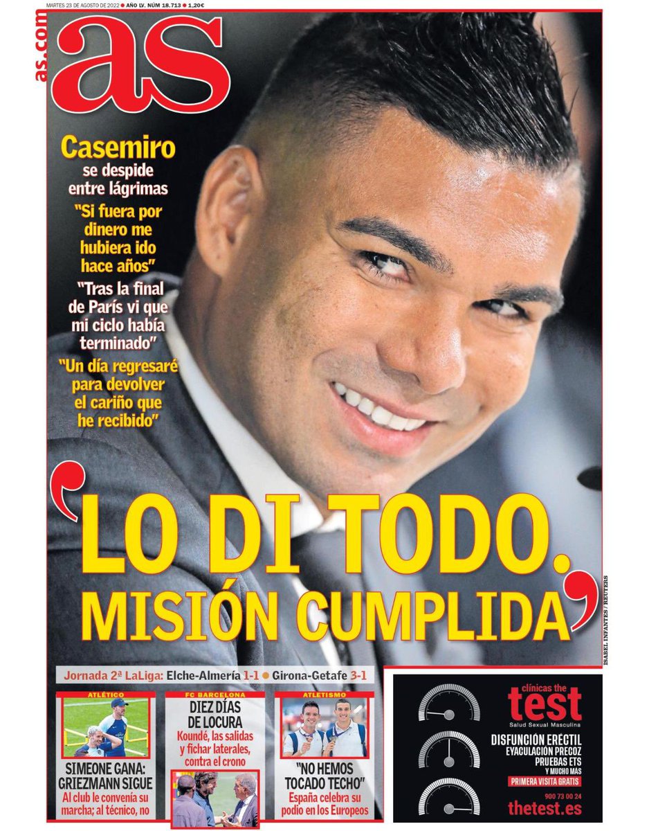 RMadridInfo's tweet photo. 🗞 AS’s Cover | Casemiro: “I gave everything. Mission Accomplished.” https://t.co/kAbqhTmIOJ