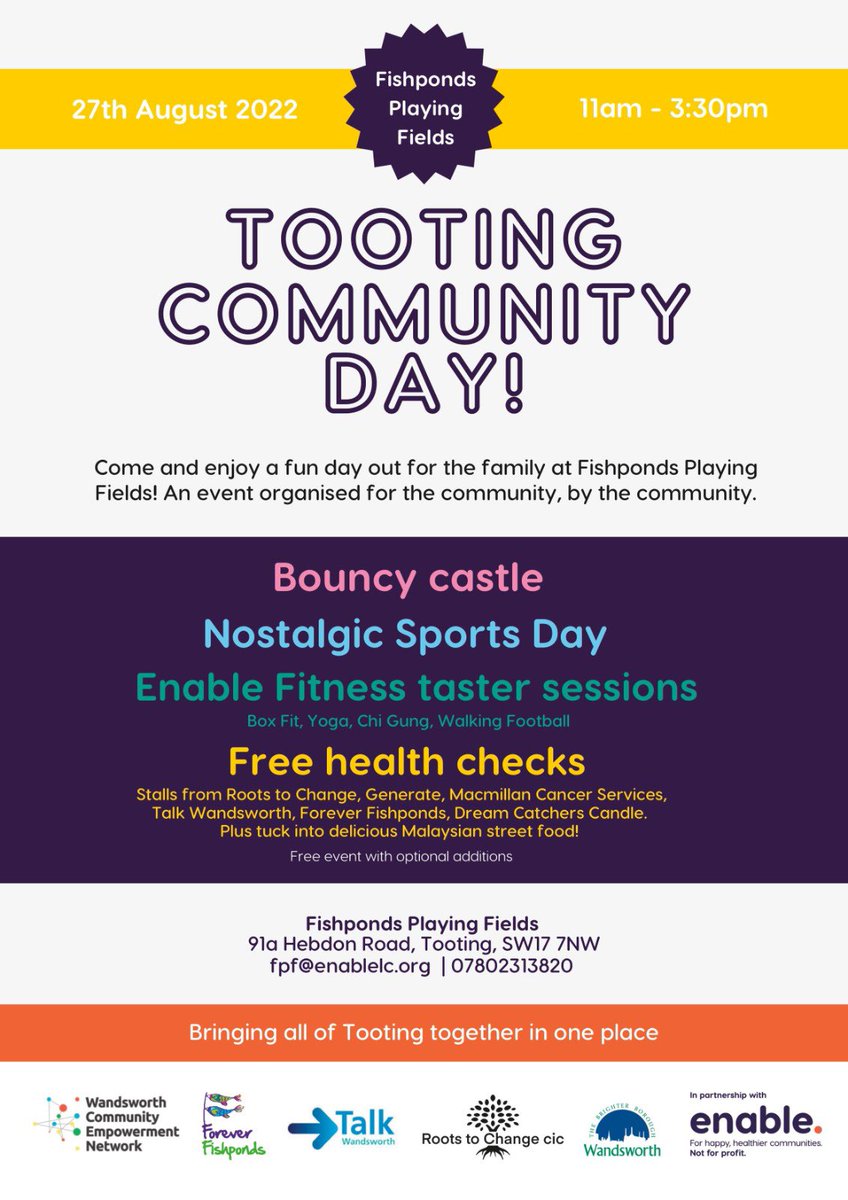 This Saturday! #communityday #tooting all welcome! @tootingnewsie @EnableHW @EnableActive @enableLC @FFishponds @wandbc @talkwandsworth at Fishponds Fields 11-3.30pm. 👇🏽