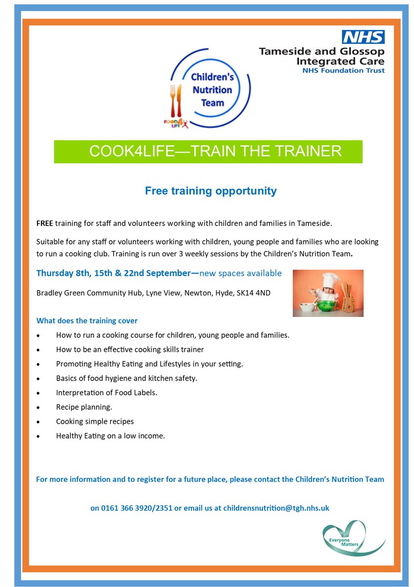 NHS-Children's-Nutrition-Team-Tameside (@nhstamesidecnt) on Twitter photo September places now available - Cook4life train the trainer sessions! These are fully funded and free to attend.
Ideal for anyone wanting to run community cooking sessions within Tameside.
To book on, or for more info, phone 0161 366 2351 or email childrensnutrition@tgh.nhs.uk September places now available - Cook4life train the trainer sessions! These are fully funded and free to attend.
Ideal for anyone wanting to run community cooking sessions within Tameside.
To book on, or for more info, phone 0161 366 2351 or email childrensnutrition@tgh.nhs.uk
