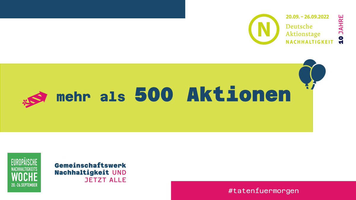 🥳 Seit heute sind schon mehr als 500 Aktionen bei den #DAN, den Deutschen Aktionstagen #Nachhaltigkeit, dabei! Der Zähler sprang vorhin sogar auf 619 #tatenfuermorgen! Weiter geht's... seien auch Sie dabei! Denn jede Aktion zählt ▶️ tatenfuermorgen.de/deutsche-aktio… #undjetztalle