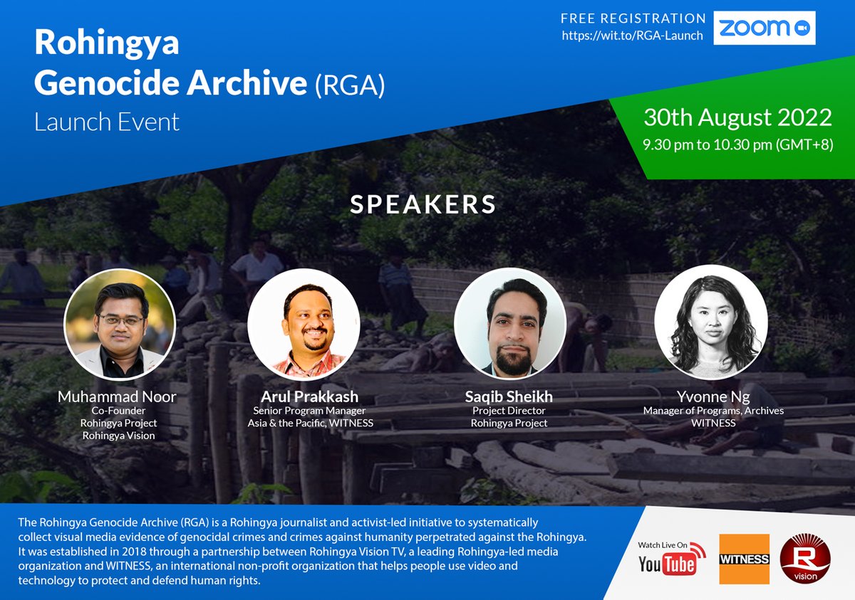 Join @WITNESS_Asia &amp; partners for the launch of The Rohingya Genocide Archive (RGA)! 

#RGA is a #Rohingya media, journalist + activist-led initiative which collects visual media evidence of genocidal crimes perpetrated against the Rohingya. 

Register at wit.to/RGA-Launch