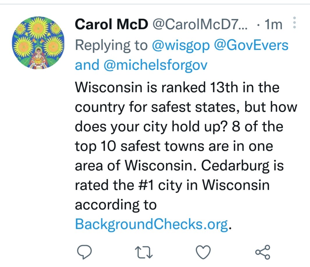 CarolMcD7123's tweet photo. @michelsforgov Wisconsin is ranked 13th for safest states in the entire country! Thank you Governor Evers.
Tim Michels is #OutOfState #OutOfTouch #WrongForWI https://t.co/3NjKXqRzzP