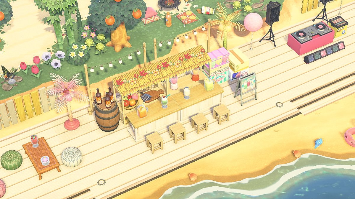 MagicCatGaming's tweet photo. Join us at The Sand Bar for delicious drinks and smoothies! Located at South End Beach near the airport🍍 
Preset is Meadow by @mads43acnh 
Boardwalk Deck: MA-4387-7567-9363
Tiki Bar Stall: MA-5947-2552-5111
#ACNH #ACNHDesigns #acnhinspo #acnhtropicore #どうぶつの森 #acnhtropical https://t.co/2s5ISy6Duv