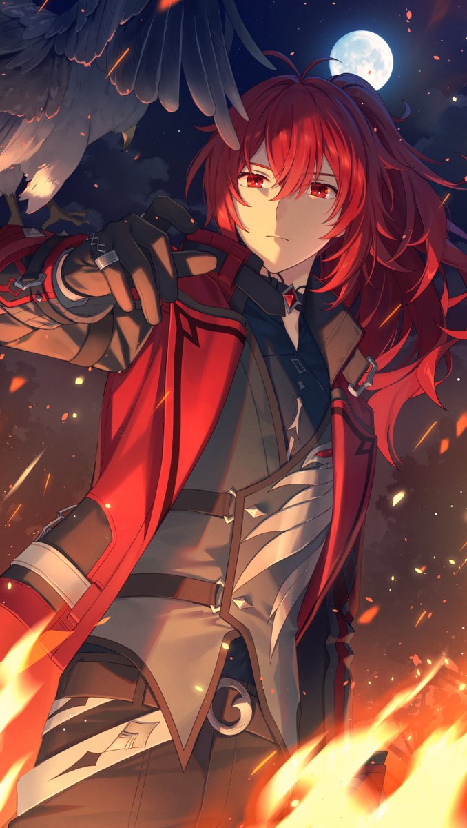 diluc (genshin impact) red eyes red hair 1boy male focus bird gloves moon  illustration images