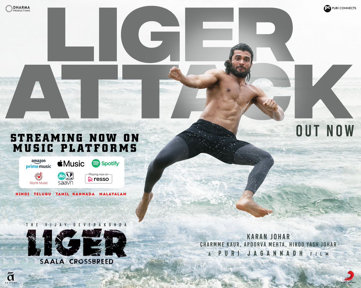 The Fiery &amp; Racy #LigerAttack is Out Now 🔥

Streaming now on Music Platforms🎶

- smi.lnk.to/Attack
- SMI.lnk.to/Attack-Telugu
- SMI.lnk.to/Attack-Tamil
- SMI.lnk.to/Attack-Kannada
- SMI.lnk.to/Attack-Malayal…

#LIGER in cinemas from AUG 25th💥

#WaatLagaDenge 
#LigerHuntBegins
