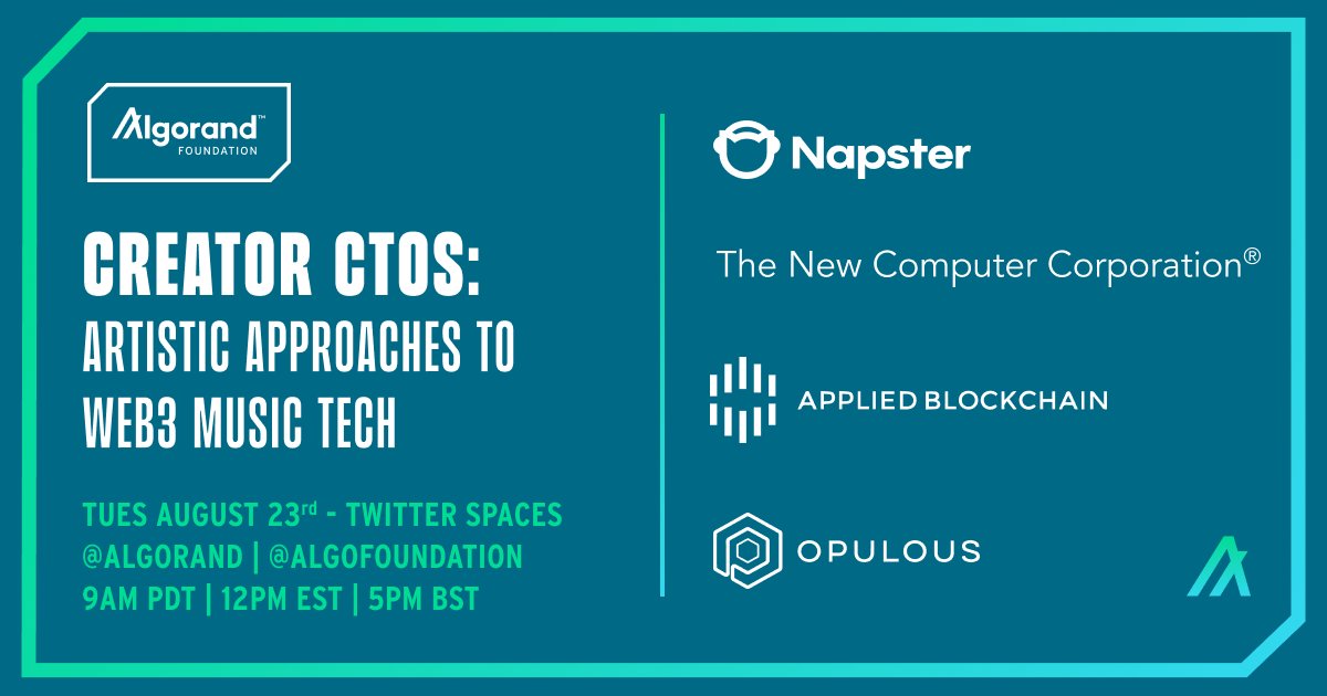 opulousapp's tweet photo. 🗣 TWITTER SPACES AMA 🗣

We're pleased to announce that @cmofernandocruz will be joining the #Algorand team to discuss all things music &amp; web3! 🎶 

Where? 📍 - https://t.co/WconqlDMxm

When? ⏰  - 4PM UTC 23rd August 2022

$OPUL $ALGO #PHASE1WEEK #algofam https://t.co/zcmi4T3lZZ