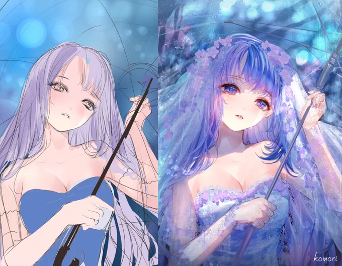 雨傘花嫁のカラーラフと完成したイラストです。イラストの練習を記録しております#このタグを見た人はラフ画とその完成絵を見せる #イラスト練習 