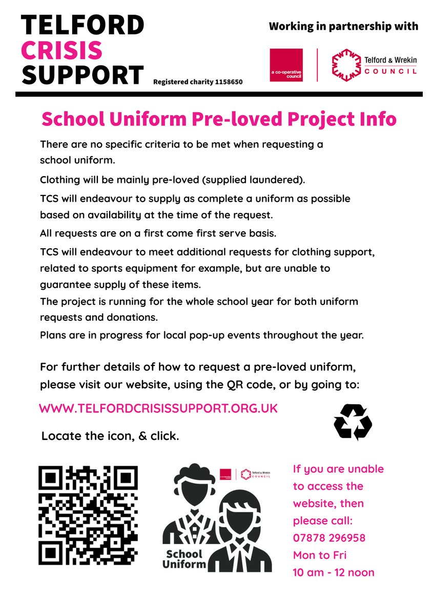 HealthwatchT_W's tweet photo. If you have children at school in #Telford and #Wrekin  and face challenges with the cost of their #schooluniform Telford Crisis support runs a project that might be able to help you: https://t.co/LzLMX7gBf7