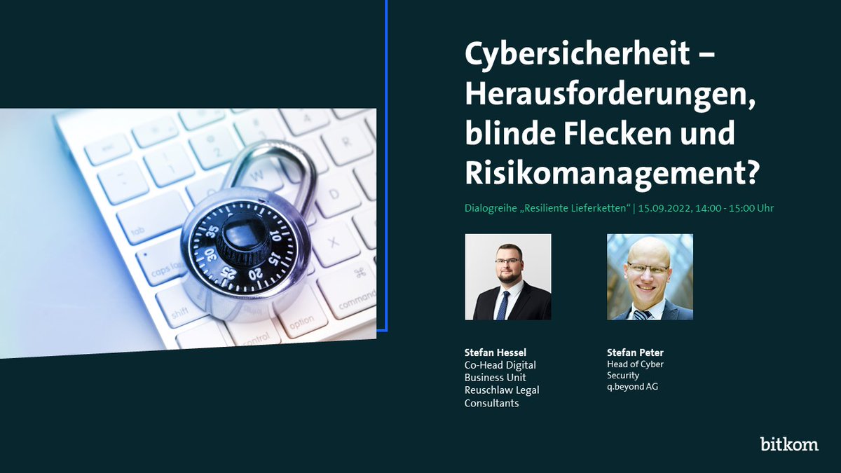 In unserer #Logistics Dialogreihe diskutieren wir, welche neuen Ansätze es für krisenfeste &amp; digitale #SupplyChains braucht. 
🚀Teil 2 zu #CyberSecurity mit <a href="/qbeyondag/">q.beyond AG</a>  und <a href="/reuschlaw/">reuschlaw 🇺🇦</a> 
 🗓️15.09.2022, 14-15 Uhr
🔜Jetzt anmelden bit.ly/367si7M