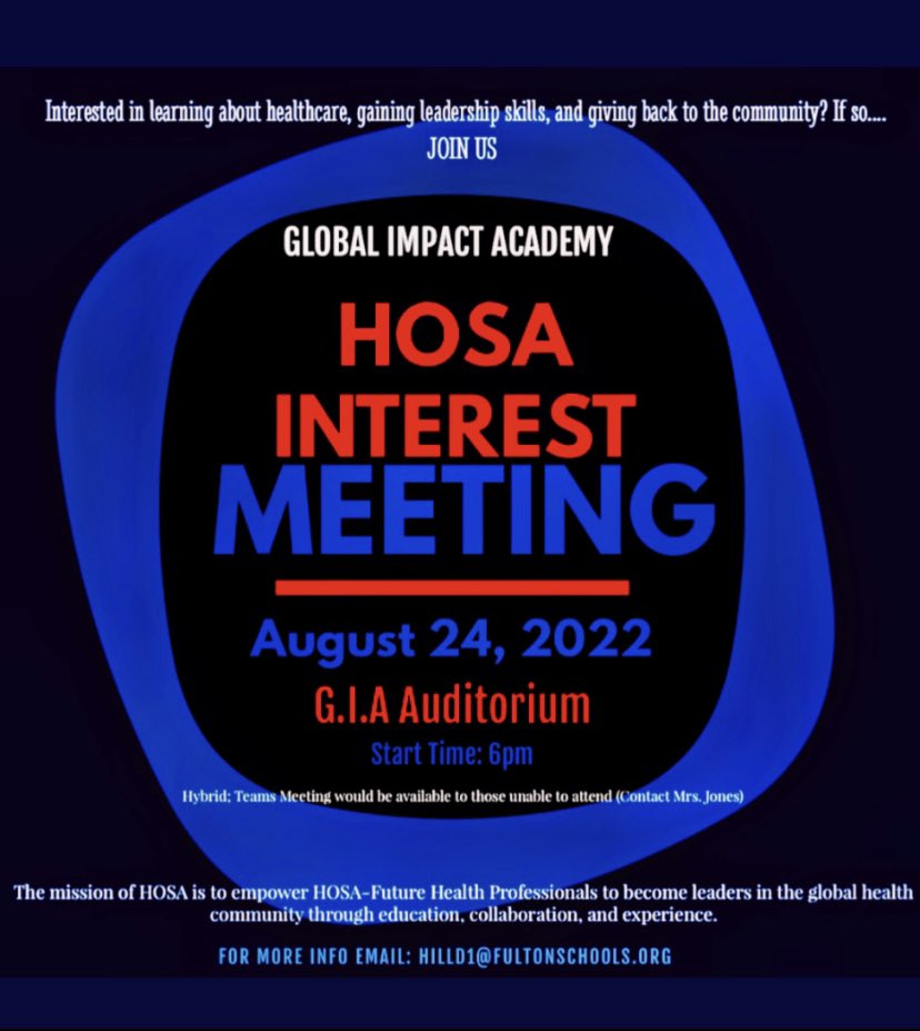 Interested in joining HOSA? ⚕️Come to the interest meeting on August 24th in the Auditorium! If you have any questions regarding this interest meeting, please see Mrs.Jones or Ms.Haygood for information, or even if you see an officer in the hallway, feel free to stop them and ask