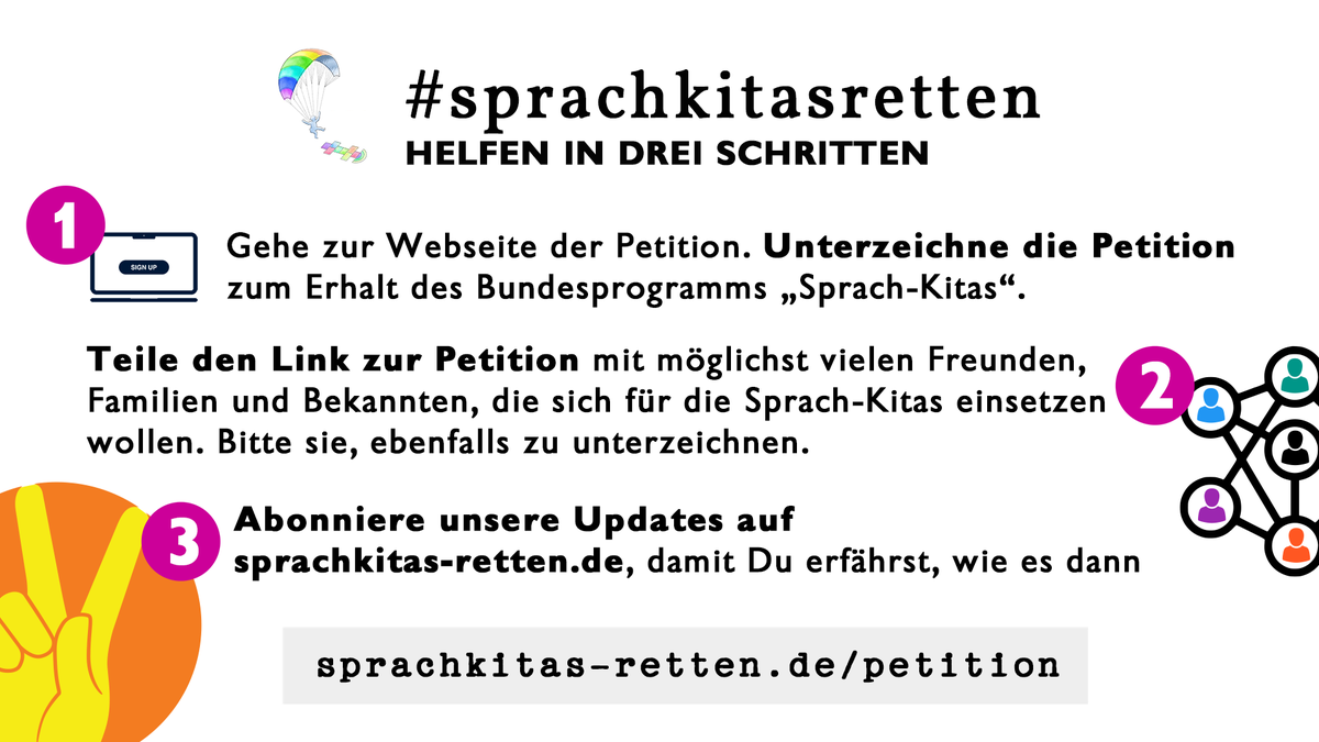 Die Petition #sprachkitasretten ist online und kann jetzt unterzeichnet werden: sprachkitas-retten.de/petition Bis zum 15.09.2022, benötigen wir mehr als 50.000 Unterschriften! Hilfe bei der Anmeldung findest Du hier: sprachkitas-retten.de/hilfe-bei-der-… Los, Leute! Das rocken wir zusammen 😀🔥❤️🤝