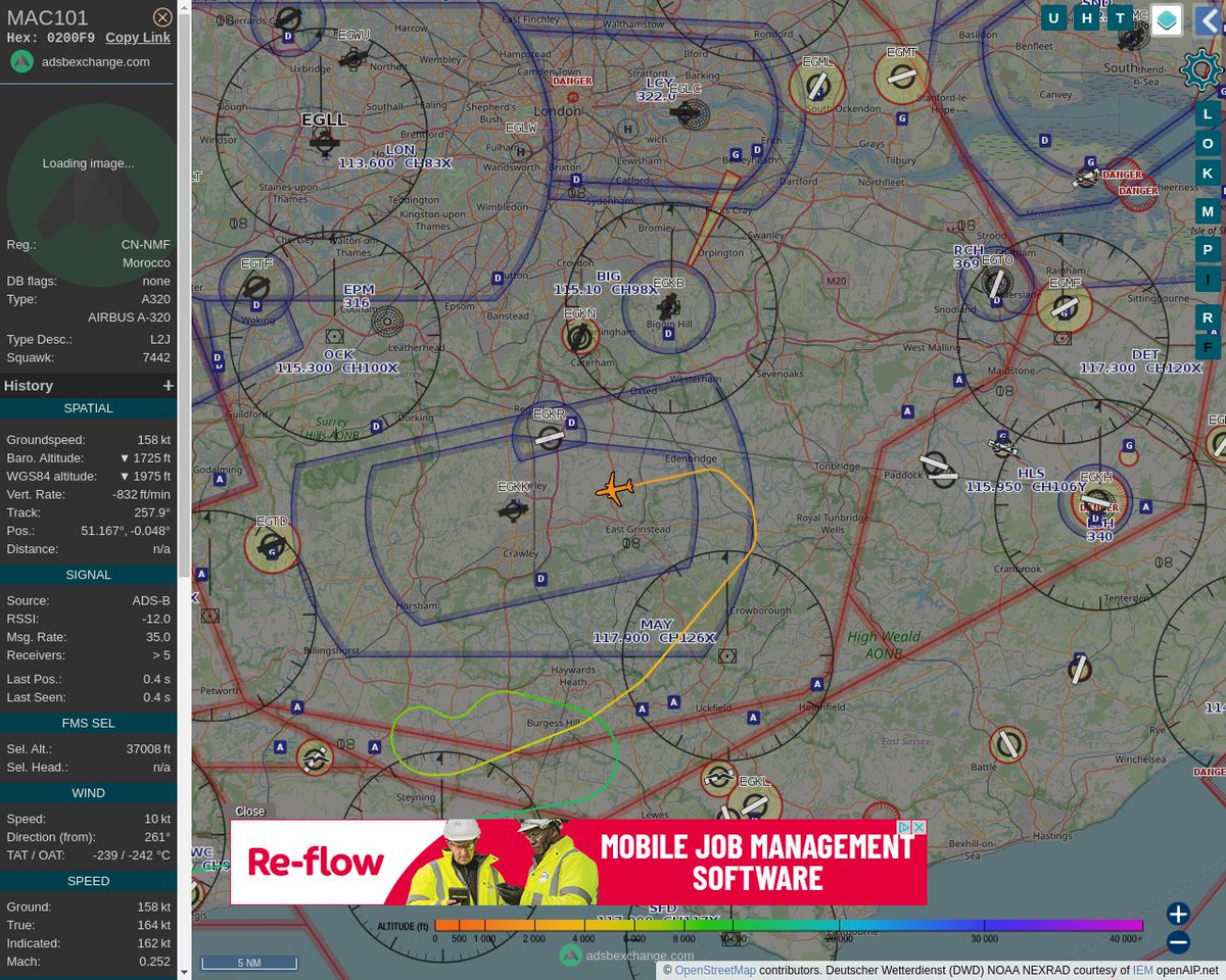Radar_Assistant's tweet image. MULTI ADSBX MANOEUVRING ALERT : At time Tue Aug 23 12:20:48 2022 #MAC101   was likely to be manoeuvring at FL78 13nm from GY Gatwick_NDB_GB
 near Downs Link, Steyning, Horsham, West Sussex, Englan #AvGeek #ADSB globe.adsbexchange.com/?icao=0200F9&amp;amp;z…