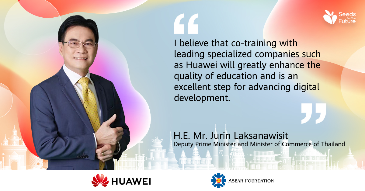 Huawei's tweet photo. Taking education to the next stage. Thailand’s Deputy Prime Minister and Minister of Commerce Jurin Laksanawisit shows appreciation for Huawei’s efforts in enhancing education through digital development. #SeedsForTheFuture #SeedsForAPAC
Learn more: https://t.co/YXLGjuL9ig https://t.co/TI5EGDnZxI