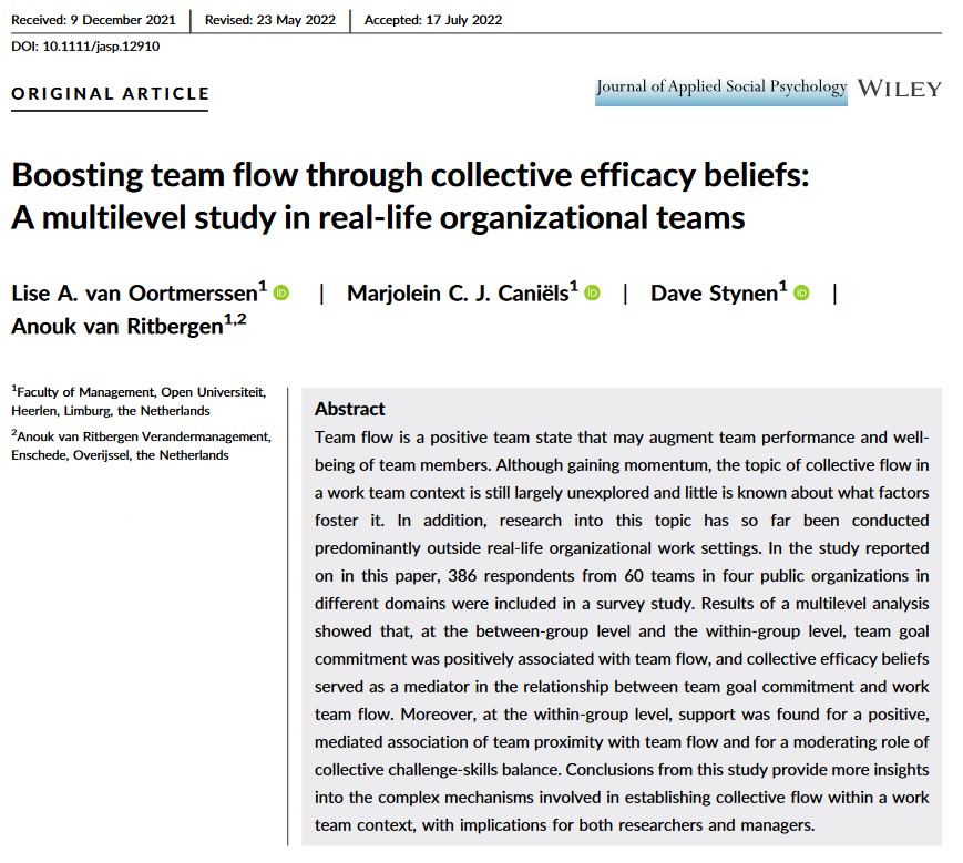 Team flow is a positive team state that may augment team performance and well‐being of team members. What can be done to boost team flow?
lnkd.in/ejFuWvSR 

#team #OpenUniversiteit #flow <a href="/OU_Nederland/">Open Universiteit</a>