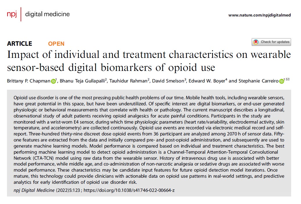 npjDigitalMed's tweet photo. The IV admin. of opioids can be detected with a #machinelearning model of raw wearable data presented by @Dr_Carreiro et al., paving the way for a #digitalbiomarker to assist in early ID of opioid use disorder + illustrate real-world usage patterns. 

https://t.co/0WPYOpoNiH https://t.co/XFR4Zsfkrx