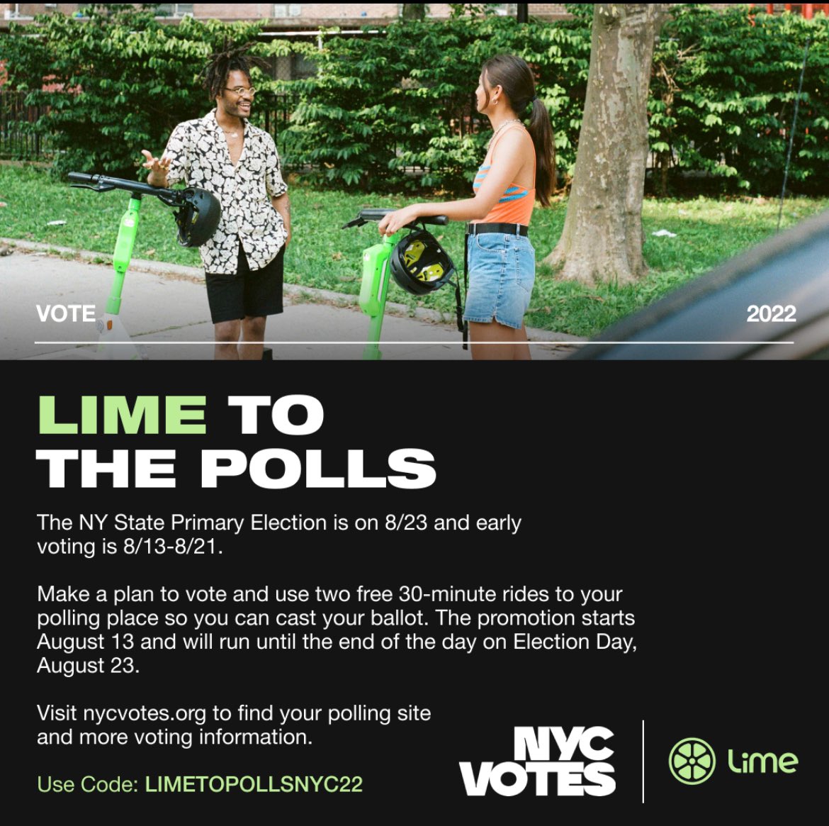 EducatedVoterNY's tweet photo. Once again @lime is partnering with @nycvotes and offering #FREE rides to #vote to #Bronx #voters in the E-scooter pilot zone. Use the code LIMETOPOLLSNYC22 For #voting info visit https://t.co/k8MGfGniRR #limetothepolls https://t.co/QmjgT7q78j