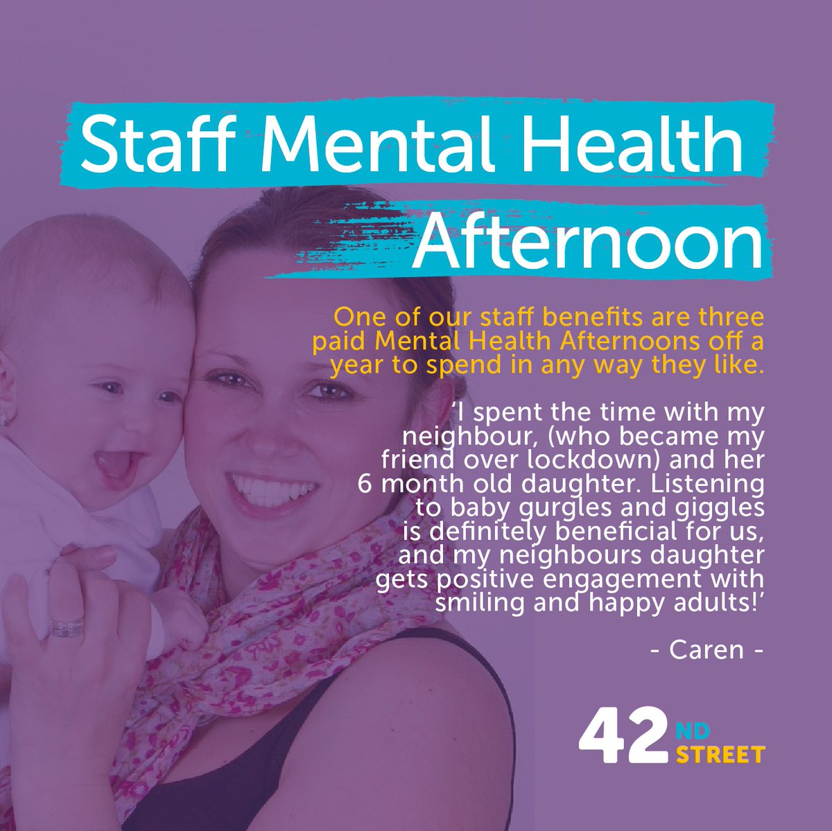 42ndStreetmcr's tweet photo. One of our extra staff benefits are three Mental Health Afternoons off each year. These are paid afternoons off work to spend in any way that staff like... whether that’s meeting up with friends or taking a long nap! https://t.co/tIJIQBfnw5