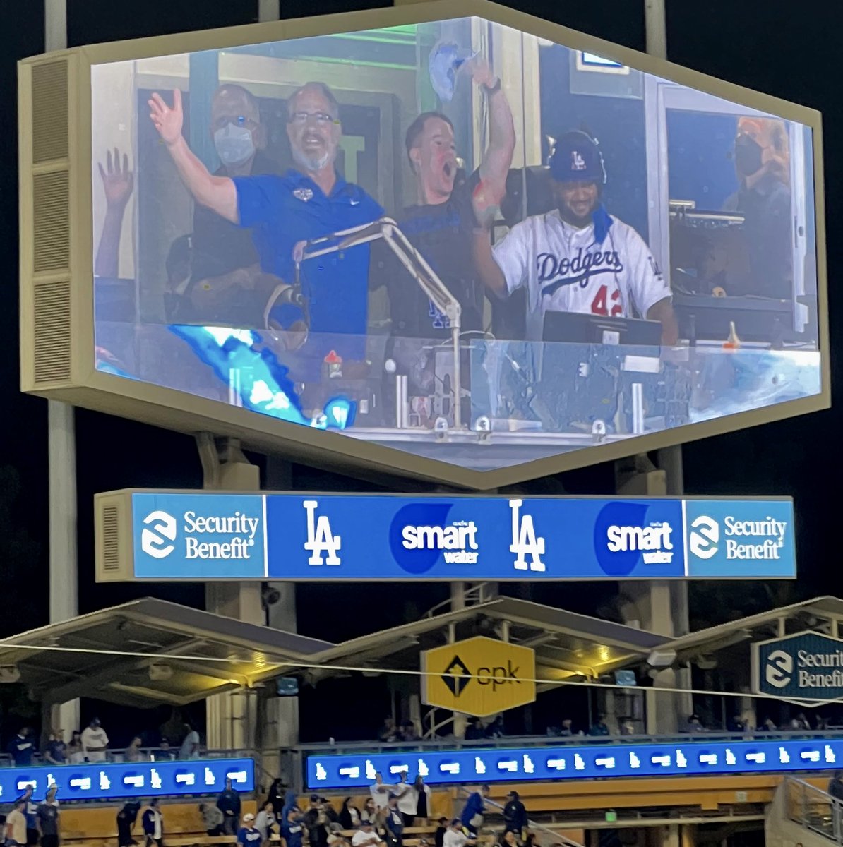 TODD_LEITZ's tweet photo. Despite the @Dodgers first home shutout of the season, we did all we could to rally the crowd, including a rollicking rendition of #TakeMeOutToTheBallgame during the #SeventhInningStretch. And, I got a @redturn2 foul ball in the #PABooth. https://t.co/wizCF7wxFm