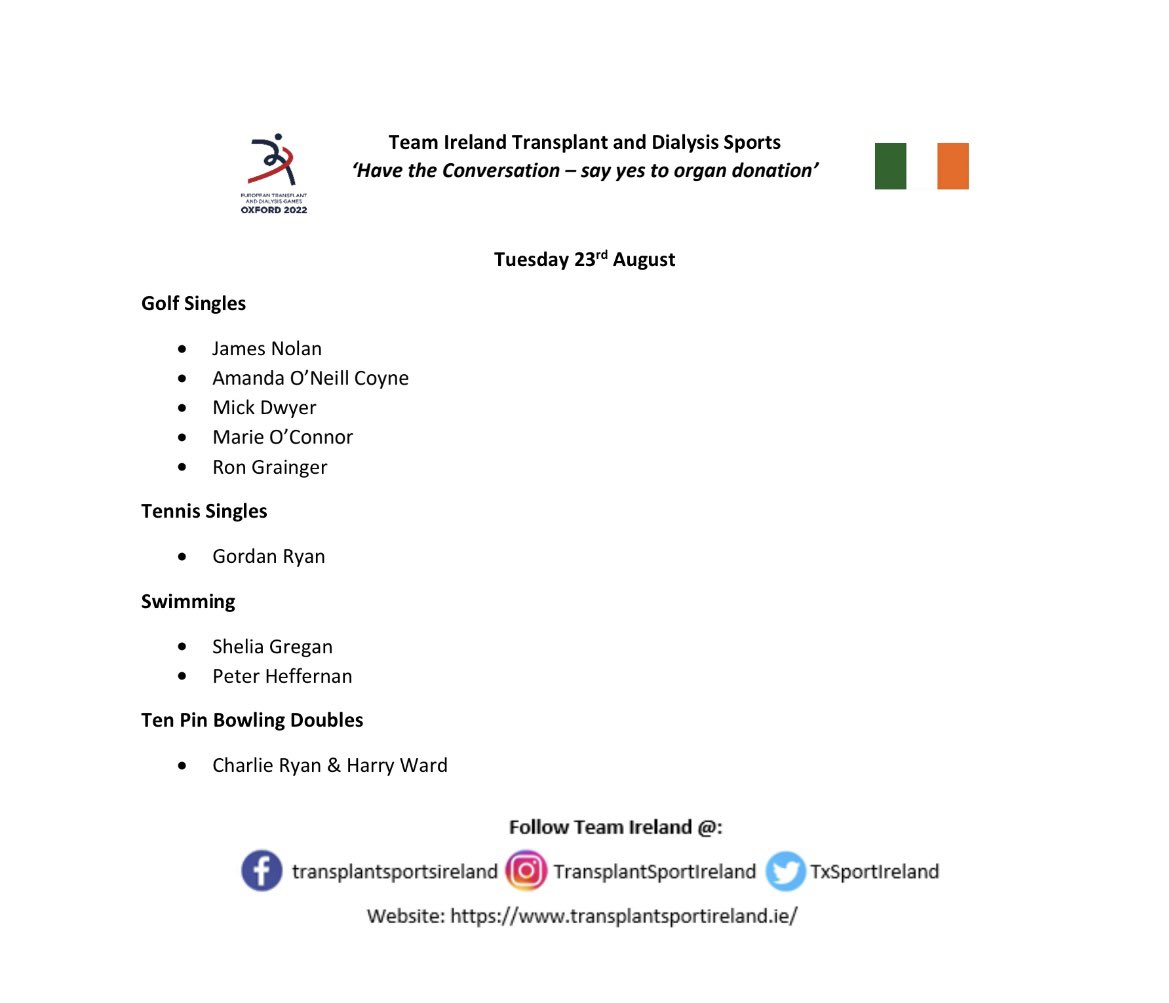 TxSportIreland's tweet photo. Day 2 events and it’s a busy day for Team Ireland! Best of luck everyone 🇮🇪 #oxford2022 #organdonorssavelives #sayyestoorgandonation https://t.co/TGlXhOGOjg