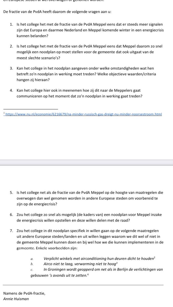 <a href="/PvdAMeppel/">PvdAMeppel</a> stelt Schriftelijke vragen conform art. 32 van het RvO.
PvdA wil dat <a href="/GemeenteMeppel/">Gemeente Meppel</a> voorbereid is op mogelijke energieramp komende winter. Laat onze inwoners niet in de kou staan‼️
#permanentecampagne
Zie de vragen van <a href="/Anniehuisman/">Annie Huisman</a> aan het college op 19 augustus⤵️