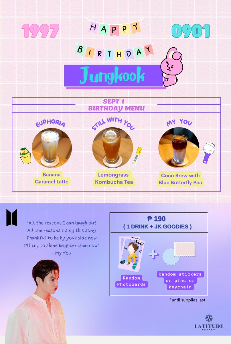 latitudebeanbar's tweet photo. #HappyJungkookDay on Sept 1, special birthday menu and goodies for fellow Army 

#Manila #btsarmyph #jungkookie #BTS_twt https://t.co/Mp4SD012mr
