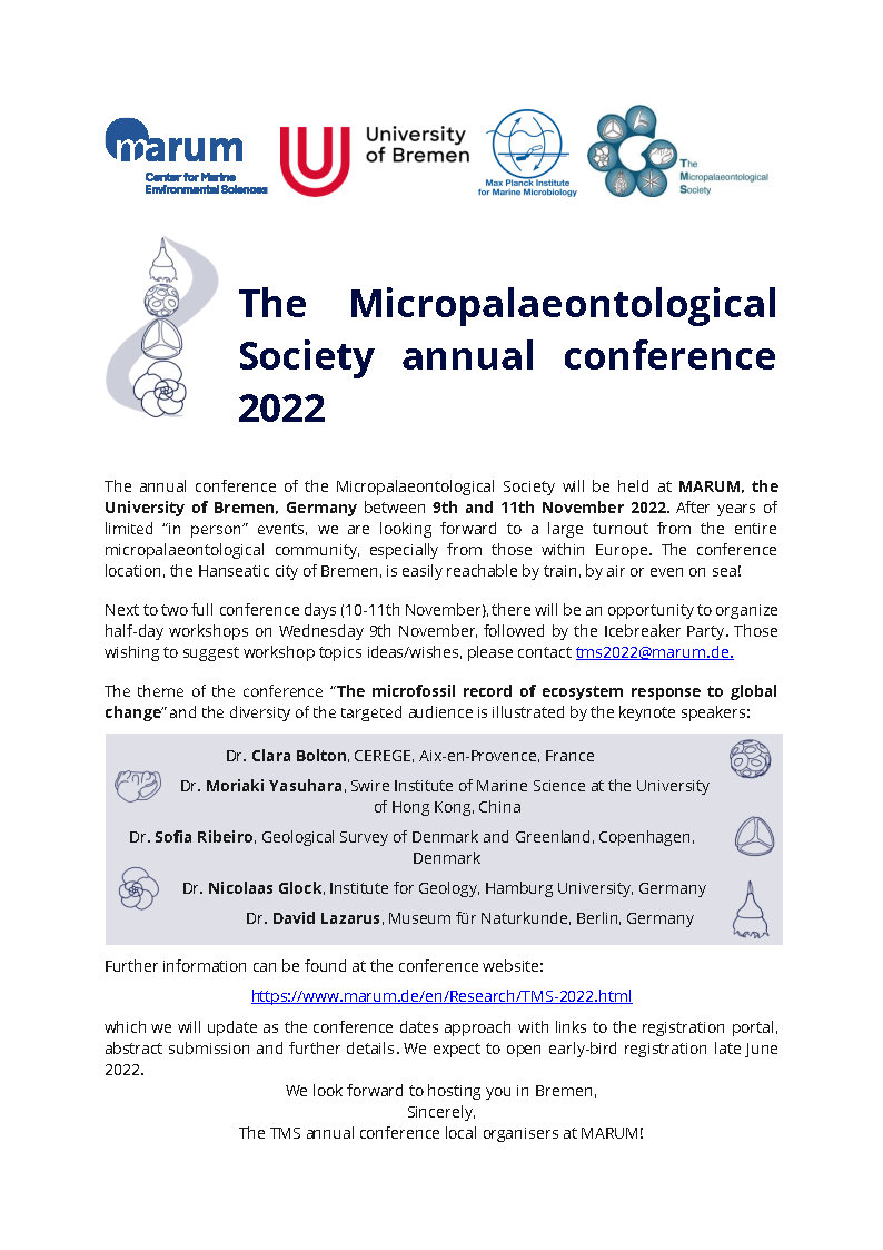 MicropalaeoSoc's tweet photo. Registration for the TMS Annual Conference taking place in Bremen on 10-11 November is now open!

Workshops on the 9th and virtual attendance available
For more information: https://t.co/GwaRaDfztx. 

Abstract submission closes on 30 September. Registration deadline is 9 October. https://t.co/2yPyl7TXRb