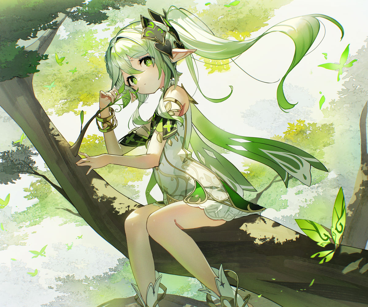 nahida (genshin impact) 1girl pointy ears green eyes dress solo long hair white dress  illustration images