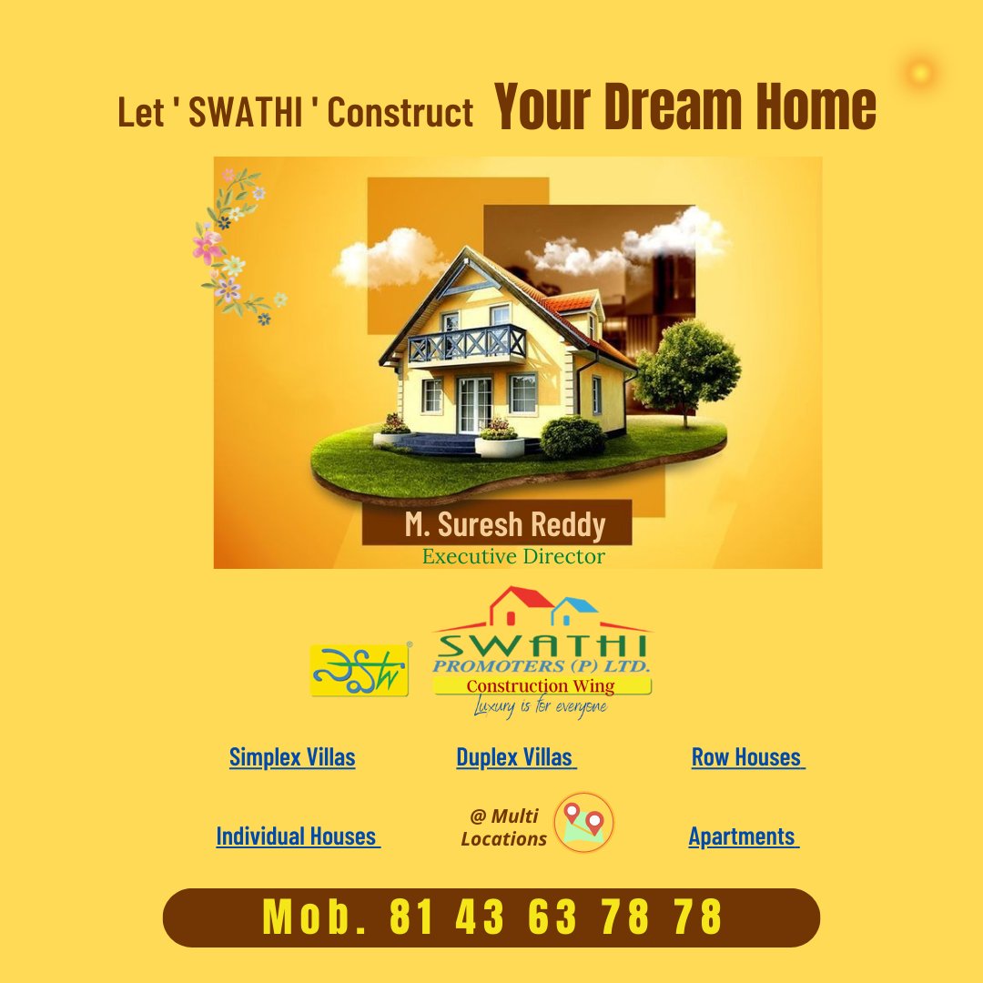 SwathiEDCut's tweet photo. The realty biggie is now into construction industry. Swathi Promoters Construction Wing now coming up with a series of new housing projects. Call 8143637878 to know more. #villa #luxurylife #simplex #duplex #rowhouse #luxuryhome #constructionindustry #luxury https://t.co/SLuBvDDKaX