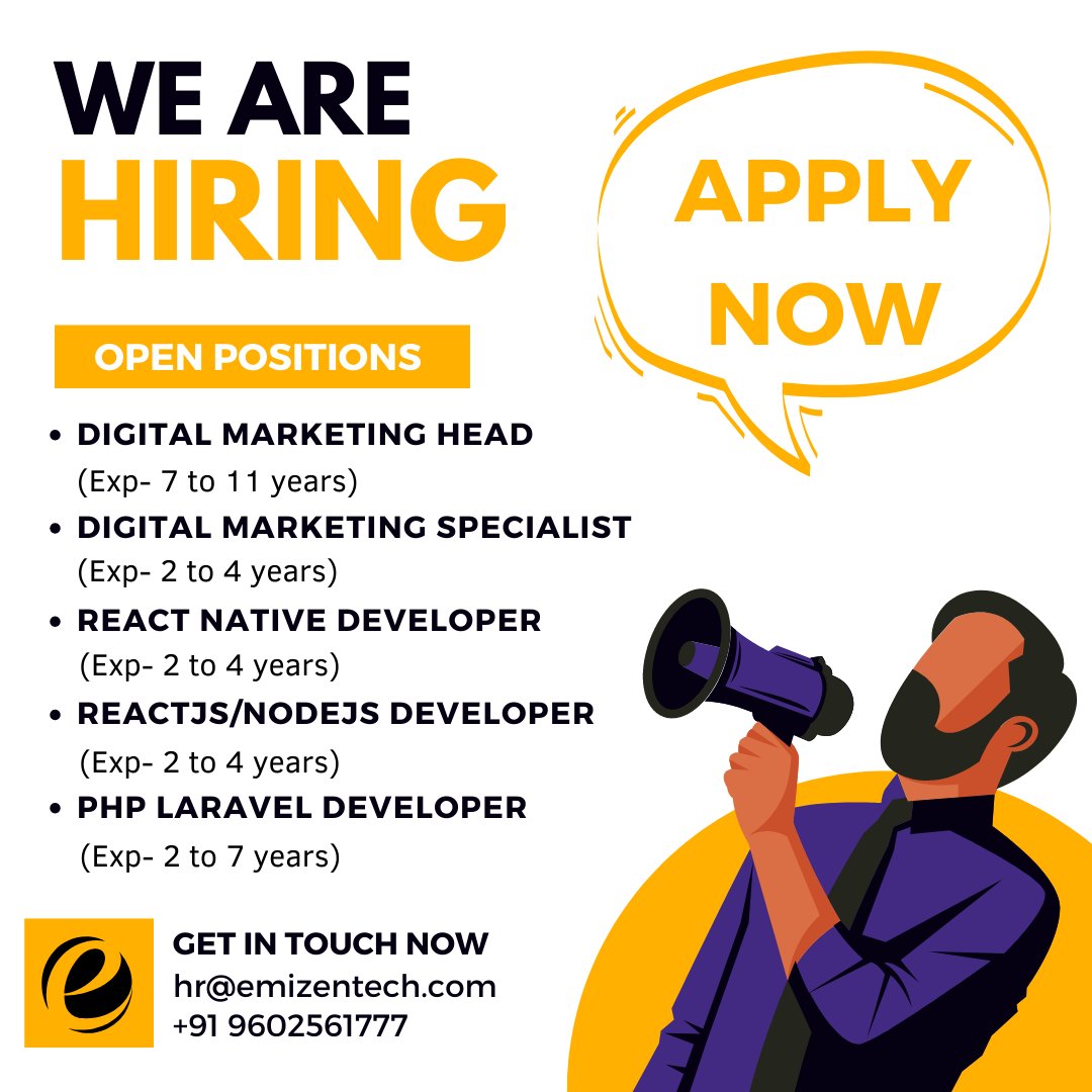 <a href="/EmizenTech/">Emizen Tech</a> Is Hiring For Multiple Roles

Location #Jaipur
#ApplyNow &amp; Drop Your Resume At hr@emizentech.com

#Hiring #HIRINGNOW #job #Jobs #PHP #Apply  #appdeveloper #reactjs #JobAlert #jaipur #hr #technology #tech #seo #pinkcity
