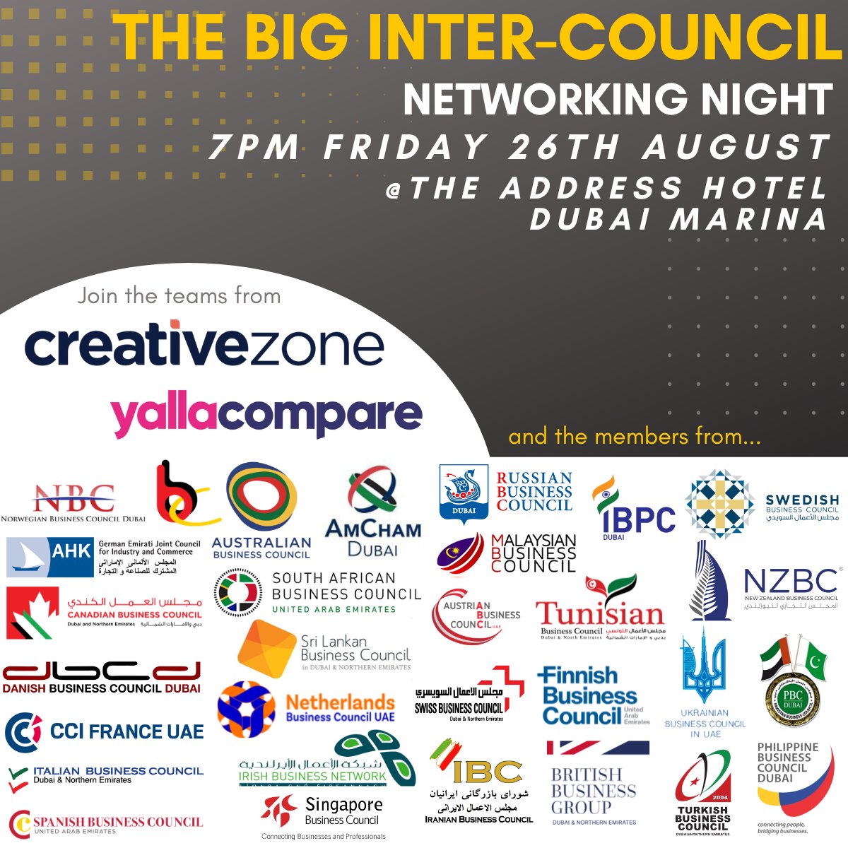 ABCDubaiUAE's tweet photo. Big...
Bigger...
Biggest...
HUGE!!!
Turn your conversations into connections at The BIG Intercouncil Networking Night, with @creativezonedxb and @yallacompare and members from 30 business councils! https://t.co/w1dfWbNKf0
