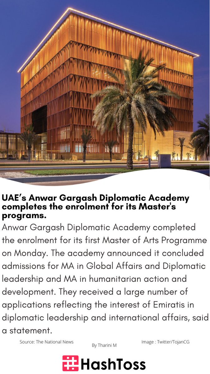 hashtoss's tweet photo. UAE’s Anwar Gargash Diplomatic Academy completes the enrolment for its Master's programs.

Read more: https://t.co/SsG5z44GGq

#EMIRATES #GOVERNMENT #AUTHORITY #ACADEMY #ANWAR #GARAGASH #ADMISSION #APPLICATION #CLOSED #INTEREST #NEWS #DUBAI #UAE https://t.co/ip9Yd37dZN