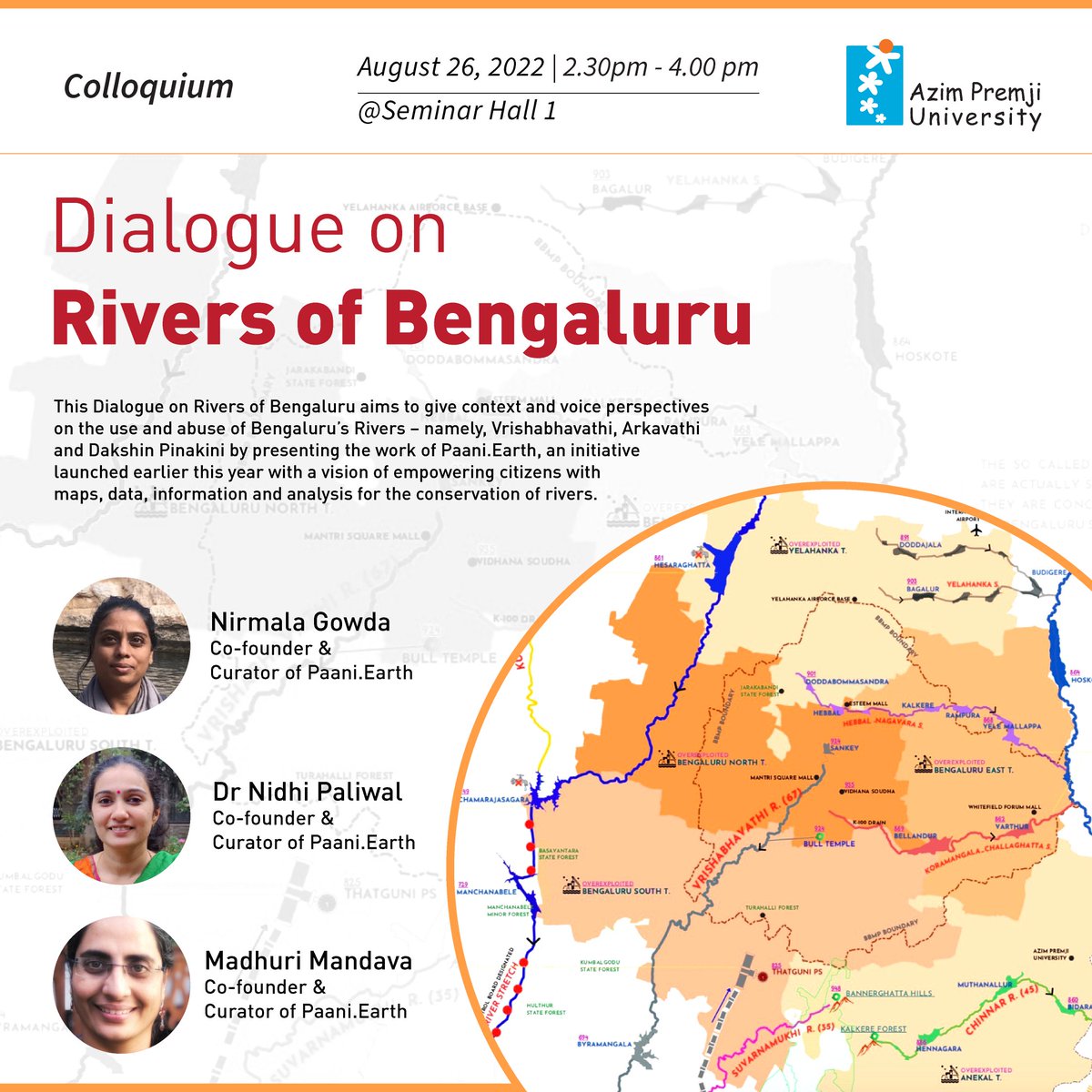 Paani_Earth's tweet photo. Do you know your #city #River ?
Bangalore come be a part of 
Dialogue on #Rivers of #Bangalore
By- Paani team 
Hosted by @azimpremjiuniv 
Walk-ins are welcome, Please register with himanshu.u@apu.edu.in
@karnatakakspcb
@sustainBLR
@atree_org @Indian_Rivers @IndiaRiverForum https://t.co/XTdFzQEKsK