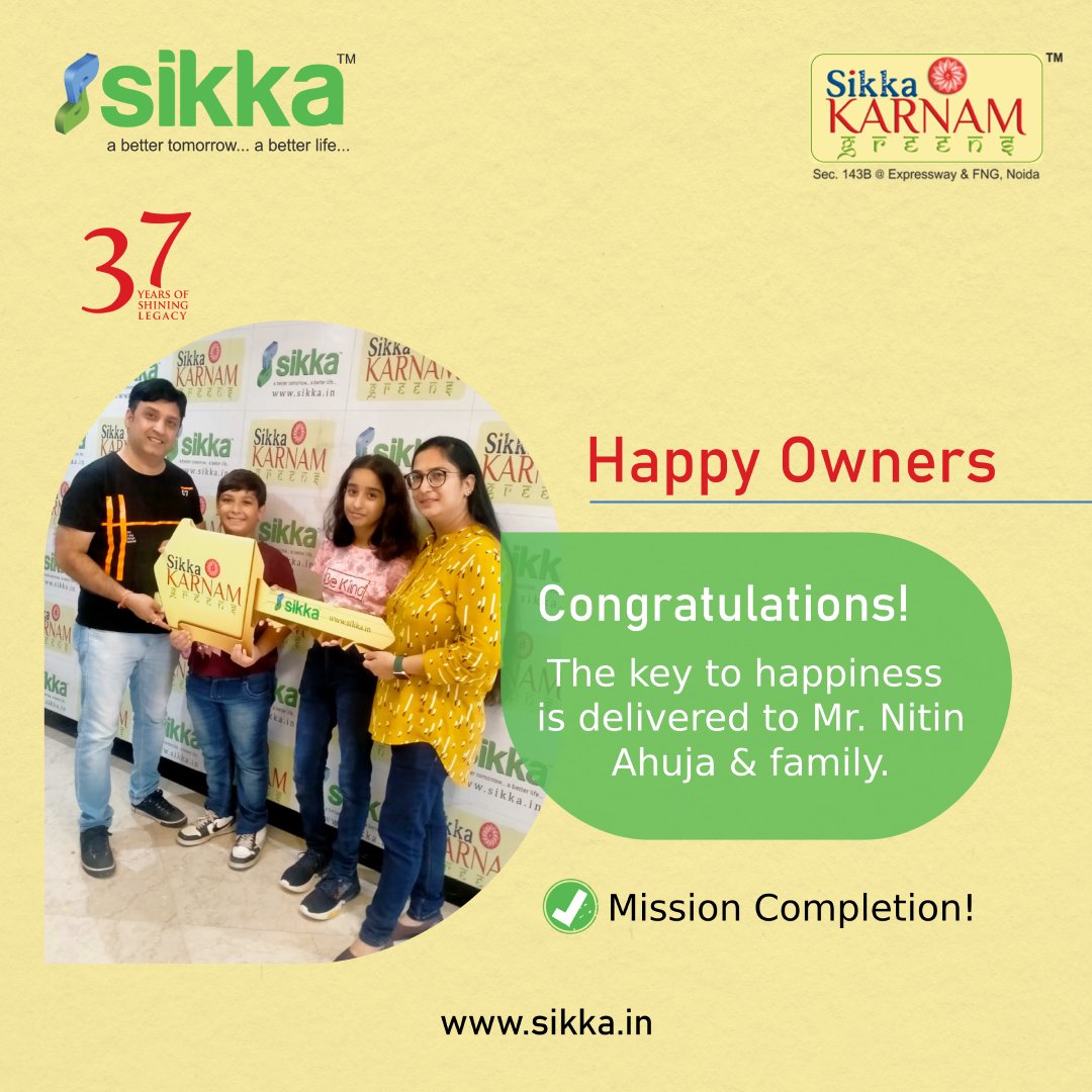 SikkaGroup's tweet photo. The key to Happiness is delivered to Mr. Nitin Ahuja at #sikka #karnamgreens #noida 🔑🏙️
'We are on a mission &amp; we will not stop till we're done.' ✅
#happycustomer☺️❤️ #missioncompletion💯
Visit us @ https://t.co/GhuMgUfKUl
'A better tomorrow, a better life.' ✅
#SikkaGroup https://t.co/j02sk528tb