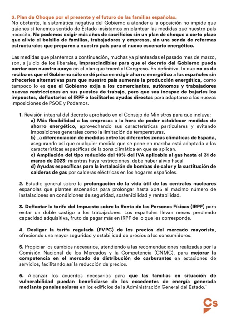 InesArrimadas's tweet photo. • PSOE-Podemos criminalizan la energía nuclear mientras toda Europa apuesta por ella
• Hablan del necesario ahorro pero se niegan a aumentar la producción
• Imponen restricciones a hogares y comercios, pero les niegan bajadas de impuestos

Mi carta al presidente del Gobierno👇🏻 https://t.co/drUulPAJkt