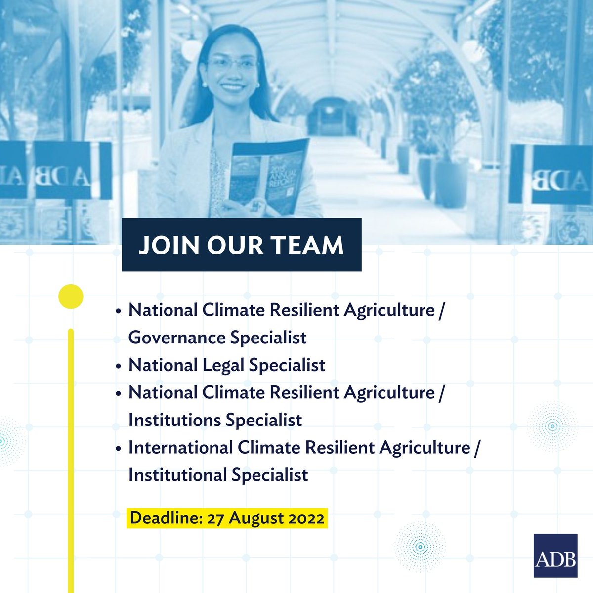 ADBPhilippines's tweet photo. Want to deliver meaningful work? We are looking for consultants for the following positions:
📌 National Climate Resilient Agriculture / Governance Specialist (https://t.co/kkVjMmDYDf)
📌 National Legal Specialist (https://t.co/sV7khVTRc8) https://t.co/CMIomIlzzZ