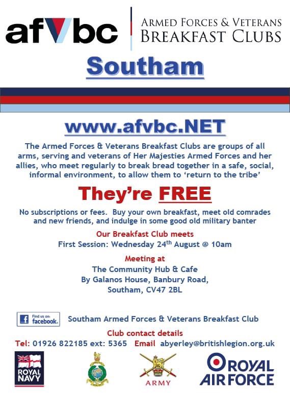 RBLcommunityhub's tweet photo. Are you an Armed Forces Veteran? We're excited to be holding our very first 'Armed Forces Veterans Breakfast Club' tomorrow, 24th August 10-12pm.
@WarksVeterans
#armedforces #veterans #militarybreakfast #southam #afvbc https://t.co/luqXrQf111