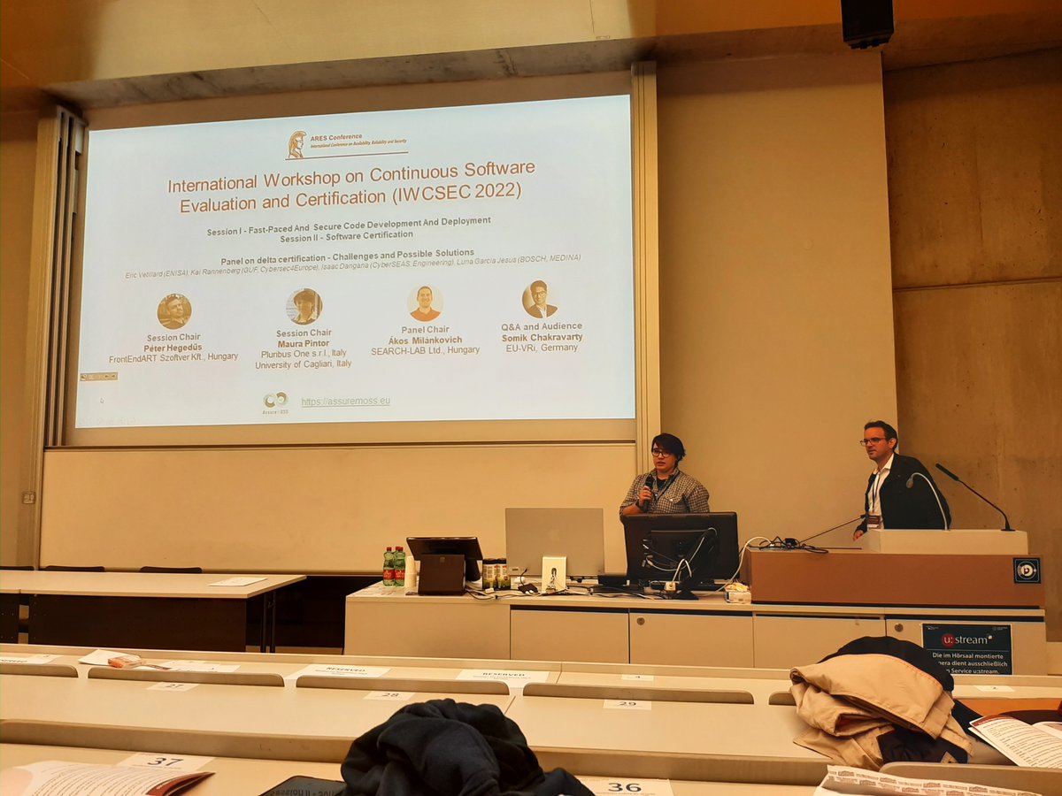 AssureMOSSH2020's tweet photo. An EU-symposium workshop, IWCSEC is about to kick-off at #ares2022 in Vienna today. The talks cover the results achieved within the #assuremoss H2020 project followed by a panel discussion on security certification. Stay tuned. https://t.co/Bz6BTZ43Vr