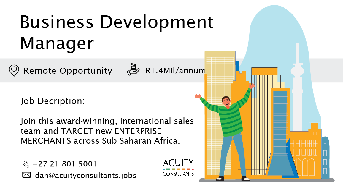 consultacuity's tweet photo. 🎯 New #JOB | Business Development Manager | 📍 Remote Opportunity |  💰 R1.4Mil/annum

MORE DETAILS HERE: 👉 https://t.co/wTTF33ynRo 👈

#recruitment #acuityconsultants #jobalert https://t.co/ZgSCWGfJve